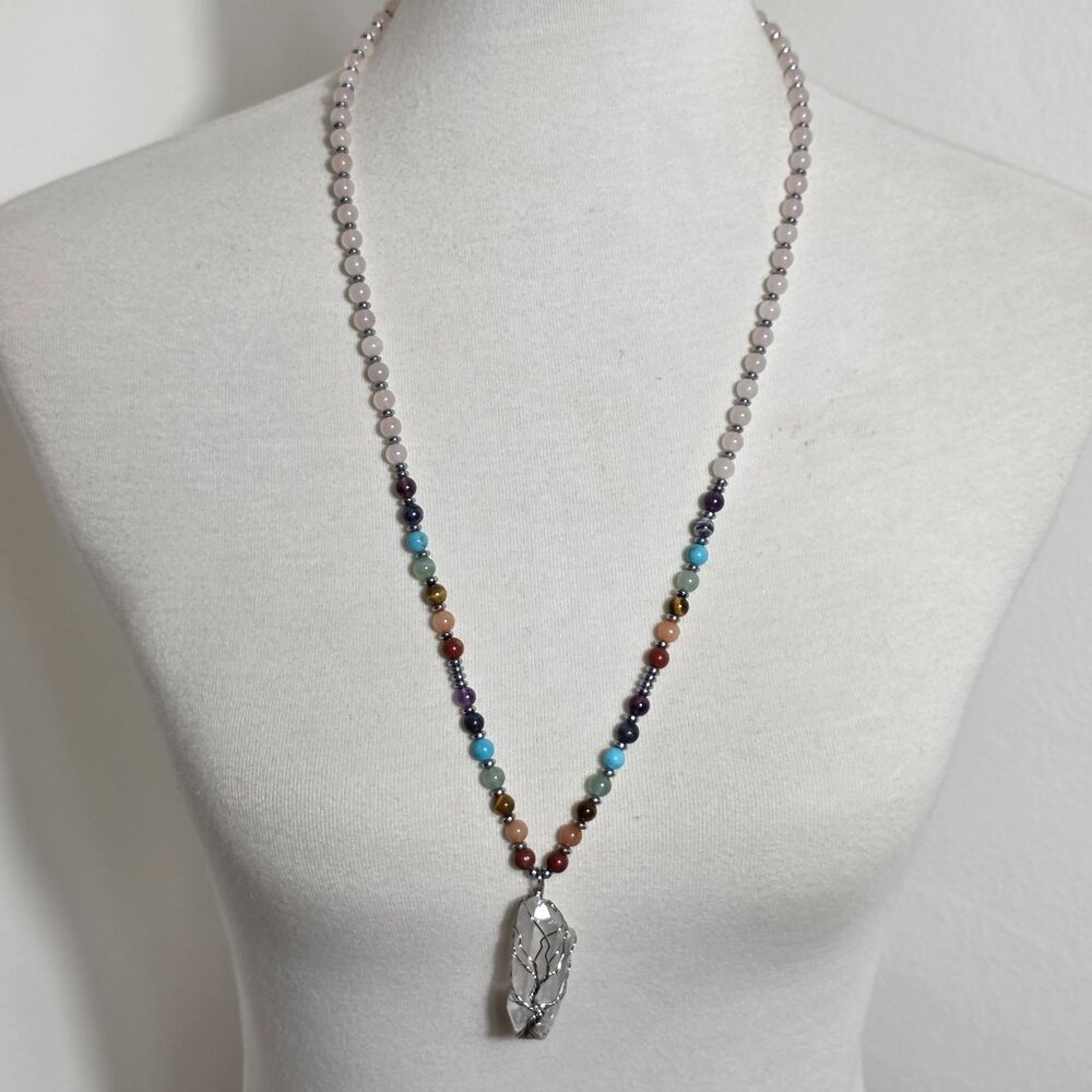 Tree of Life Beaded Necklace Clear Quartz Stone in Tree of Life Shaped Wire Wrap